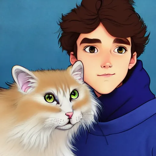 Image similar to teen boy with brown hair and big blue eyes, wearing a hoodie, holding a fluffy white persian cat, natural lighting, path traced, highly detailed, high quality, digital painting, by don bluth and ross tran and studio ghibli and alphonse mucha