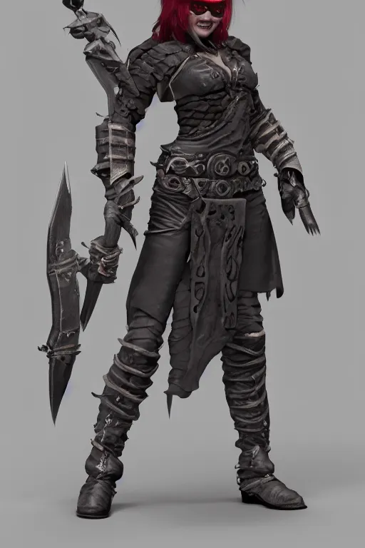 Image similar to gender : female, race : orc, job : bounty hunter, weapon : katana, clothes : leather armor, accessories : goggles, body type : strong hair style : wavy, concept art, trending on artstation 3 d.