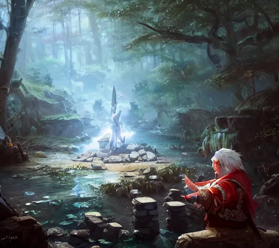 Prompt: fantasy dice gambling with a white haired dwarf next to a shallow creek, oil painting, greg rutkowski, highly detailed, colorful, dramatic lighting, cinematic composition,