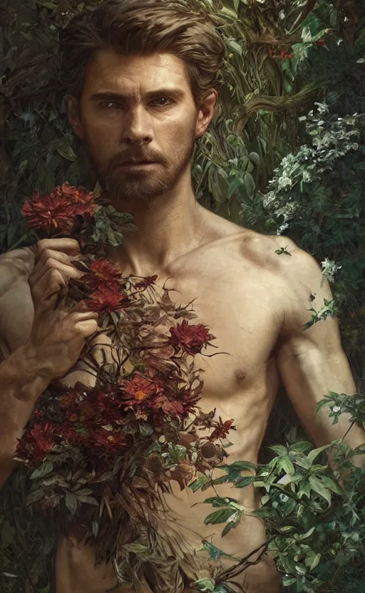 Image similar to god of the forest, 3 0 years old, rugged, handsome, male, detailed face, clean lines, atmospheric lighting, amazing, full body, thighs, flowers, muscular, intricate, highly detailed, digital painting, deviantart, concept art, sharp focus, illustration, art by greg rutkowski and alphonse mucha