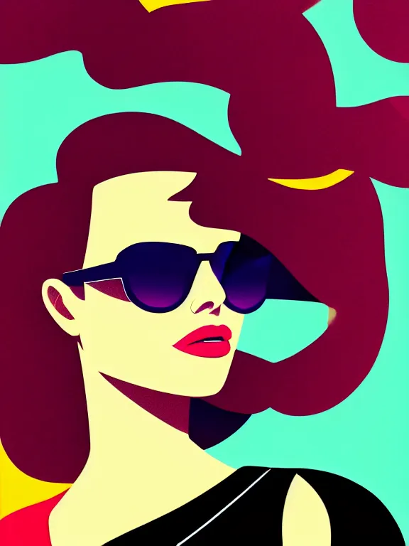 Prompt: flat portrait art of an beautiful stylish retrofuturistic beautiful woman wearing oversized aviator sunglasses atmosphere, glow, shaded, full of colour, cinematic lighting, trending on artstation, 4 k, focused, vector, by patrick nagel, simple bold clean lines