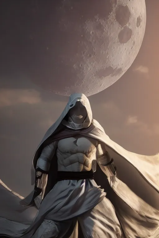 Prompt: hyperrealistic photography of Moon Knight mixed with Hokage style of Hossein Diba, Gal Yosef, full-shot, 4k, highly detailed, cinematic lighting, photorealistic, 3d render, award winning render, unreal engine, masterpiece, octane render, sharp focus, studio lighting, 8k, hd