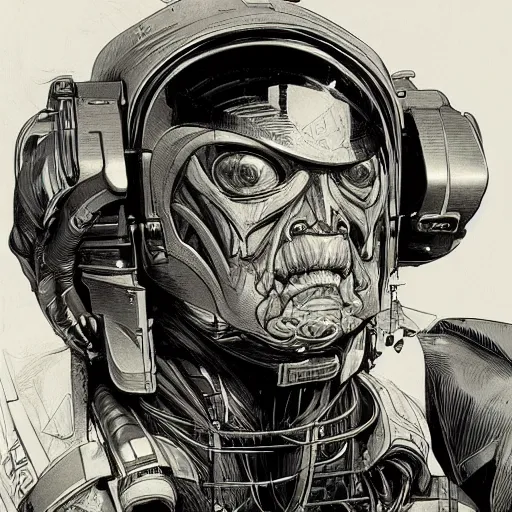 Prompt: a beautiful portrait of a space bounty hunter by Bernie Wrightson trending on Artstation