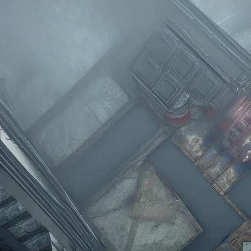 Prompt: playstation 5 screenshot of silent hill, intricate, overhead view