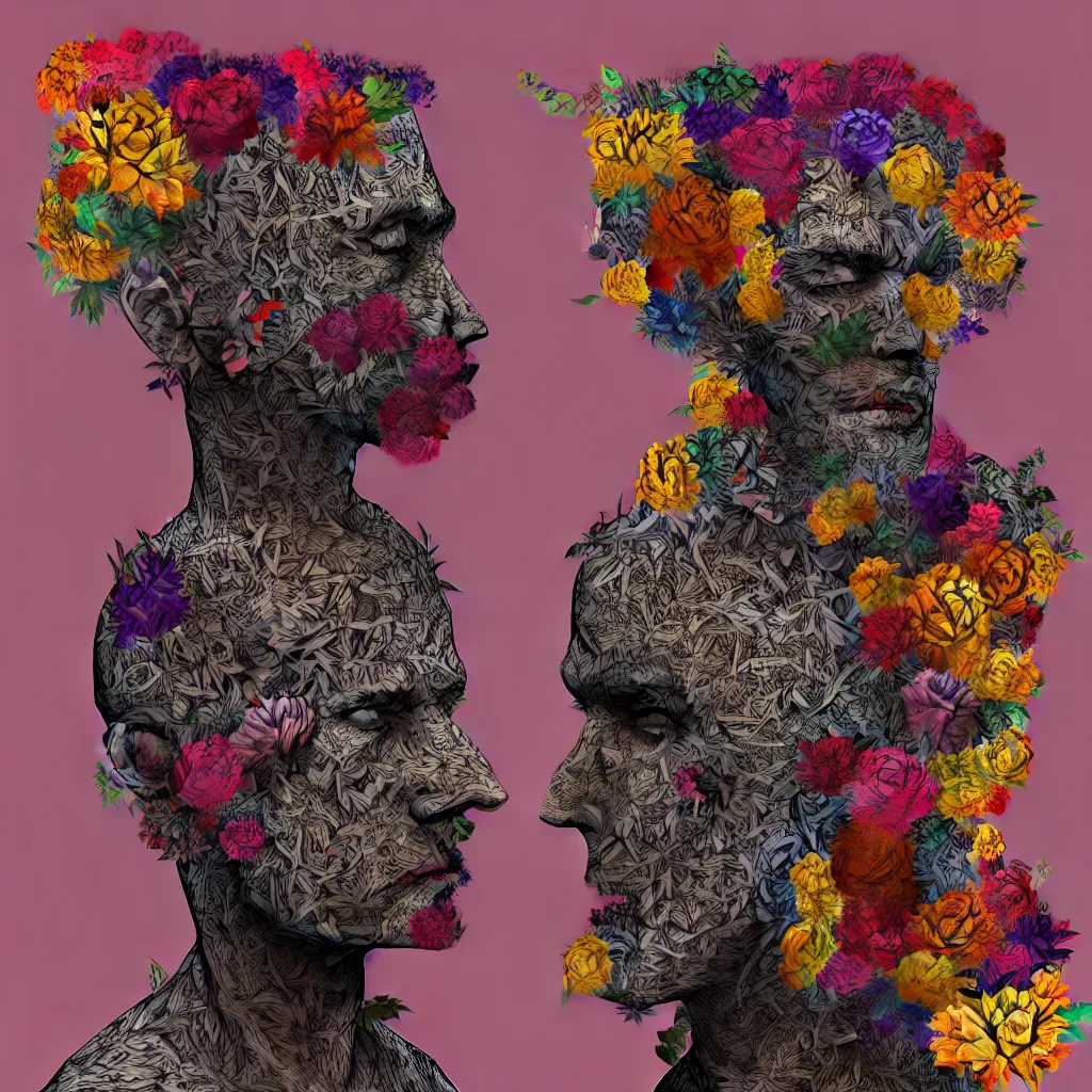 Image similar to a raytraced image of a man with a strange mask on his head, behance contest winner, award winning, masterpiece, pop surrealism, made of flowers, surrealist