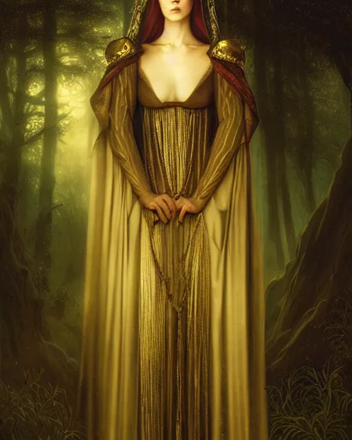 Image similar to nocturne, glowing, stars, a portrait of a beautiful medieval princess with a sword, tall and thin, highly detailed, mysterious, ethereal, dressed in velvet and gold jewelry, haute couture, dark forest, illustration, dramatic lighting, by edmund blair leighton, brom, charlie bowater, faces by otto schmidt