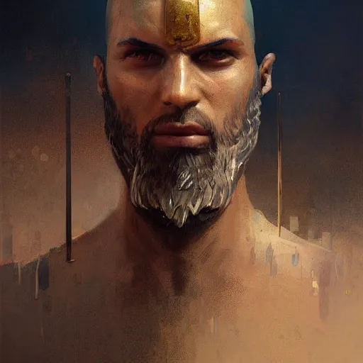 Image similar to a beautiful portrait of a babylonian warlord by greg rutkowski and adam hughes, highly realistic, intricate, detailed, 4 k textures, trending on artstation