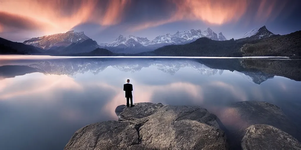 Prompt: amazing landscape photo of a man wearing tuxedo standing on the lake at sunrise by Charlie Waite and Marc Adamus beautiful dramatic lighting, surrealism, sharp, smooth, detailed