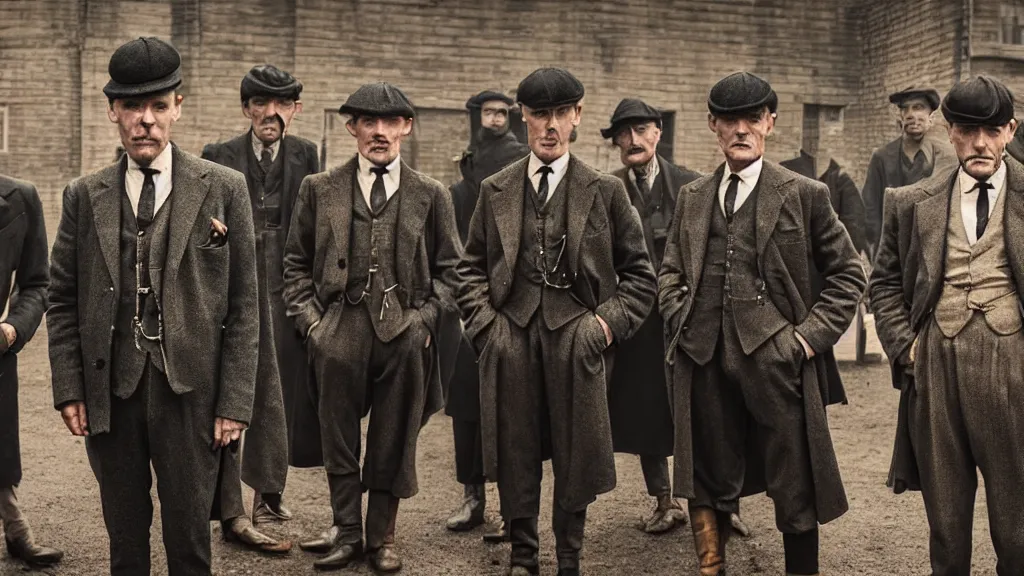 Image similar to a group of human peanuts dressed like the peaky blinders