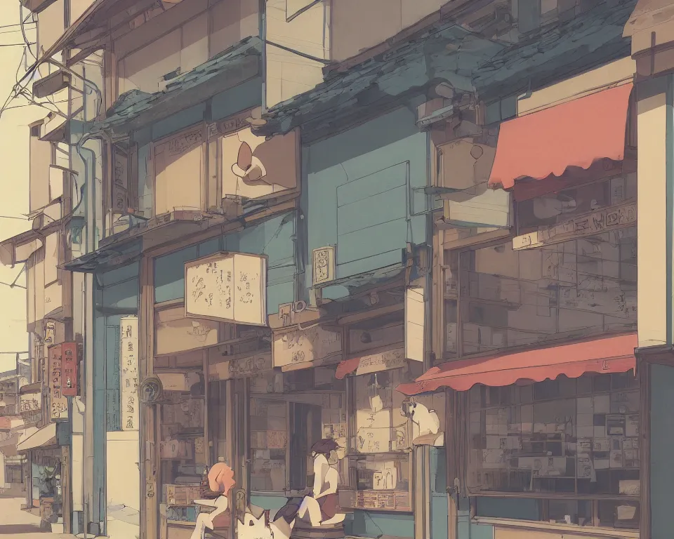 Image similar to beautiful illustration of a lazy cat siting in front of a small shop front in kyoto on a fine summers day, anime manga style, aesthetic, cory loftis, james gilleard, atey ghailan, makoto shinkai, goro fujita, studio ghibli, makoto shinkai