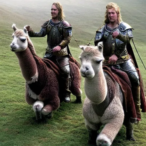 Prompt: the rohirrim riding into battle on alpacas at minas tirith