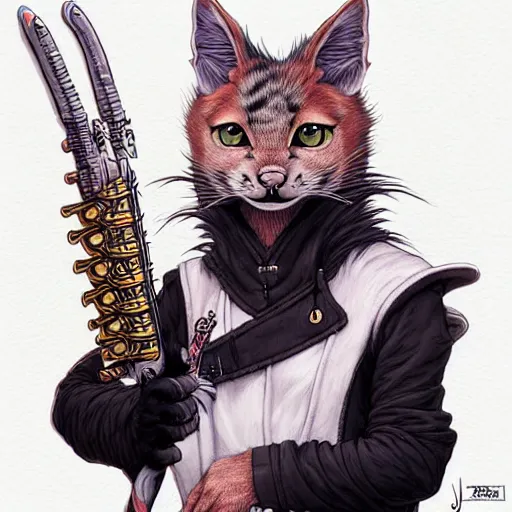 Prompt: portrait painting of a punk tabaxi bard with pure white fur, sharp focus, award - winning, trending on artstation, masterpiece, highly detailed, intricate. art by josan gonzales and moebius and deathburger