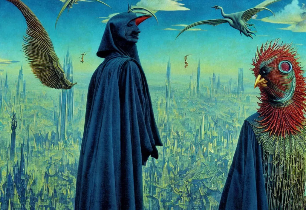 Image similar to realistic detailed portrait movie shot of a creaming birdman wearing black robes, sci fi city landscape background by denis villeneuve, amano, yves tanguy, alphonse mucha, ernst haeckel, max ernst, roger dean, masterpiece, rich moody colours, blue eyes