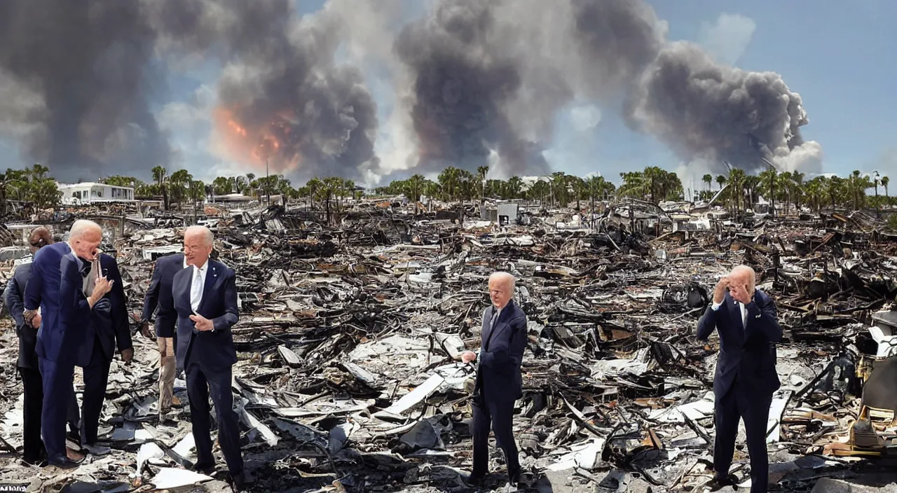 Prompt: Joe Biden watches with laughter as the state of Florida is destroyed in an explosion in the background, Evil, chaos, ornate, horror, detailed, colorful