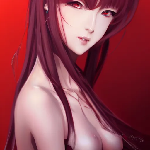 Image similar to kurisu makise, elegant, ultra highly detailed, digital painting, smooth, sharp focus, artstation, top-down shot, red background, art by Ina Wong