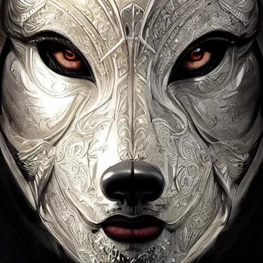 Prompt: Very very very very highly detailed epic photo of face with wolf venetian mask, intricate, dystopian, sci-fi, extremely detailed, digital painting, artstation, concept art, smooth, sharp focus, illustration, intimidating lighting, incredible art by Artgerm and Brom and Vincent di Fate