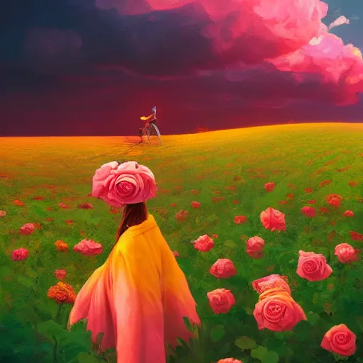 Image similar to giant rose flower as a head, full body girl sitting in a flower field, surreal photography, sunrise, dramatic light, impressionist painting, colorful clouds, digital painting, artstation, simon stalenhag