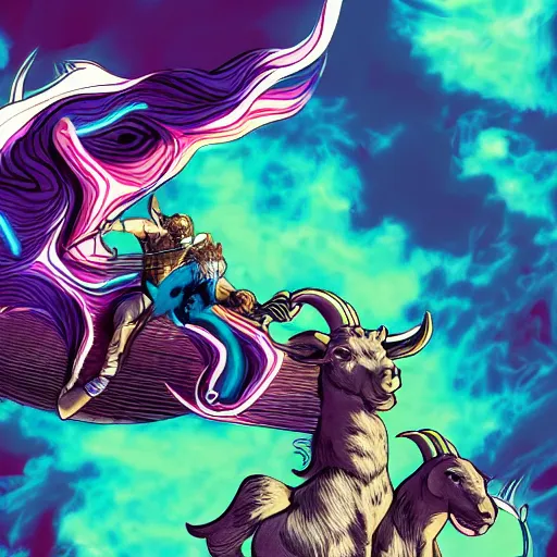 Prompt: Vapor Wave style digital art of Thor riding a big goat, trippy