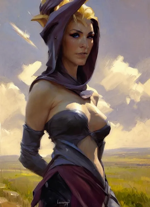 Image similar to Greg Manchess painting of Syndra from League of Legends, countryside, calm, fantasy character portrait, dynamic pose, above view, sunny day, thunder clouds in the sky, artwork by Jeremy Lipkin and Giuseppe Dangelico Pino and Michael Garmash and Rob Rey, very coherent asymmetrical artwork, sharp edges, perfect face, simple form, 100mm