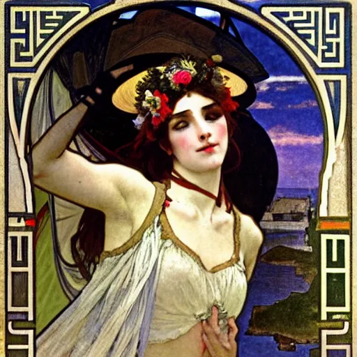 Image similar to A girl with jester hat and clothes on a greek archi circle on the front of a Balustrade with a beach and a sail boat on the background, major arcana cards, by alphonse mucha and arnold böcklin arnold böcklin arnold böcklin, paul delaroche, hyperrealistic 8k, very detailed