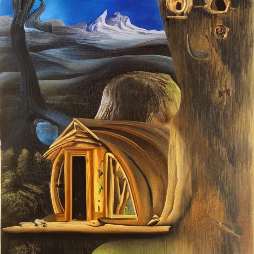 Prompt: A cabin in the woods by Salvador Dali, oil on canvas, 4k, 8k