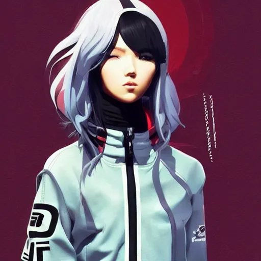 Prompt: poster woman with futuristic streetwear and hairstyle, open jacket, cute face, pretty, beautiful, elegant, Anime by Kuvshinov Ilya, Cushart Krentz and Gilleard James, 4k, HDR, Trending on artstation, Behance, Pinterest