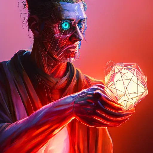 Image similar to a cyberpunk mad scientist holding a glowing-red crystal, D&D, fantasy, elegant, hopeful, muscular, highly detailed, digital painting, artstation, concept art, smooth, sharp focus, illustration