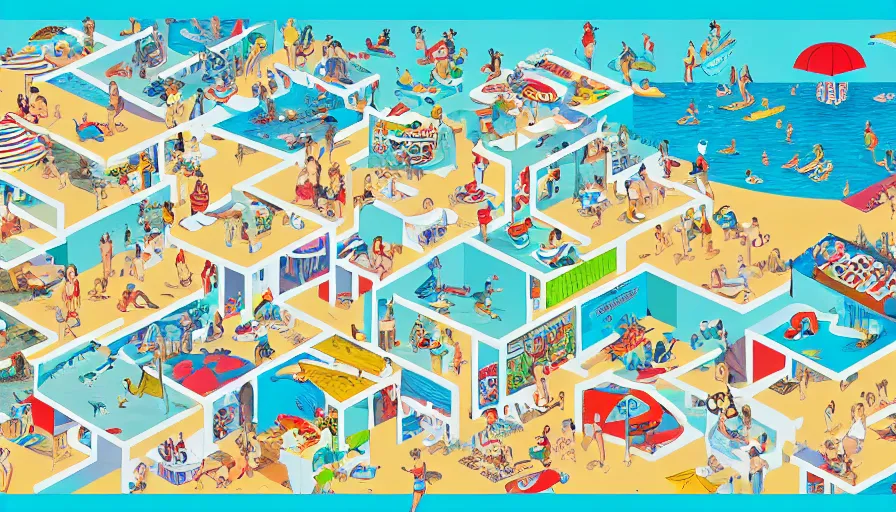 Image similar to a full page spread from the where's waldo at the beach book, isometric, waldo in the top right of frame, high detail illustration, coherent