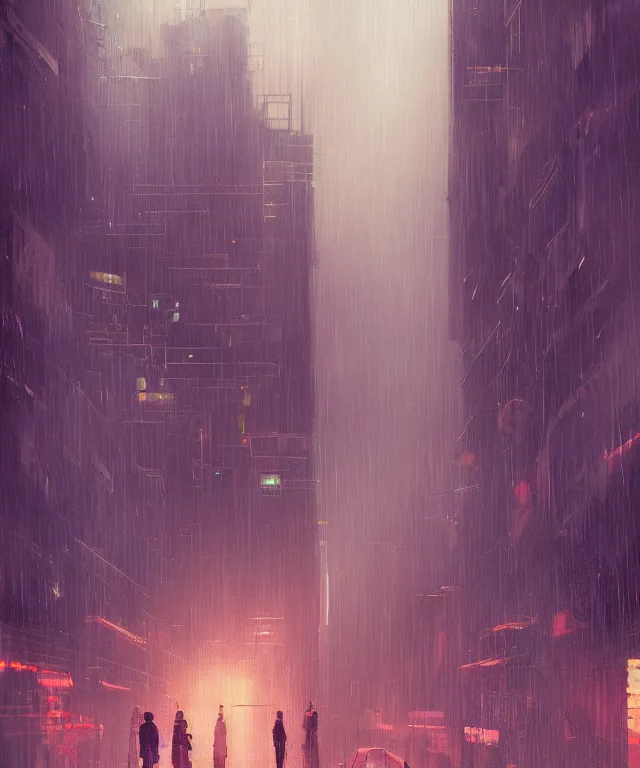 Image similar to morbus gravis in street of paris or neo tokyo , humid ground, , volumetric light, bokeh light from top, science fiction elements like droids or computer screens, brutalist architecture, rainy mood, artstation, art pascal campion