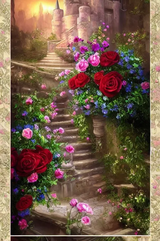 Image similar to Beautiful dream pictures, castle, roses, flowers, trending on art station