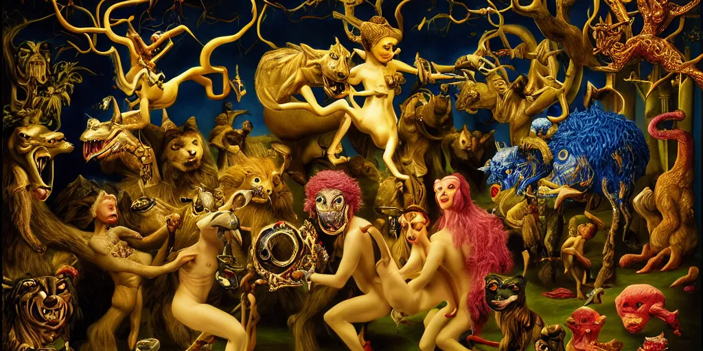 Image similar to the three imaginary fates pleasure dream adventure imaginary mythical animals love abstract oil painting by gottfried helnwein pablo amaringo raqib shaw zeiss lens sharp focus high contrast chiaroscuro gold complex intricate bejeweled