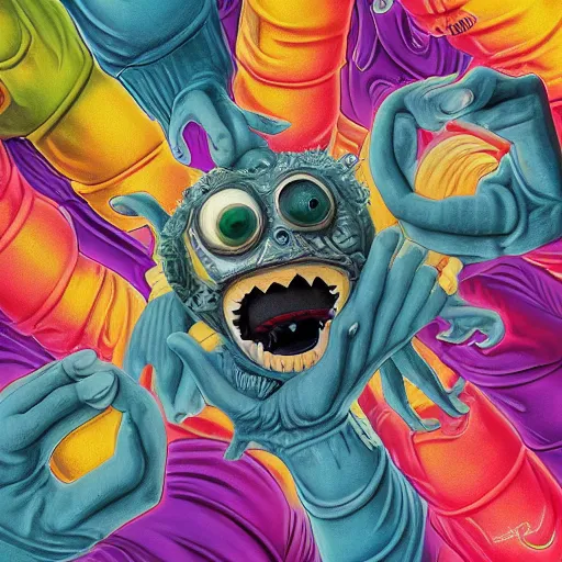 Image similar to Lofi horror, a baby monster with six arms, six arms, monster,chalk, Pixar style, Tristan Eaton, Stanley Artgerm, Tom Bagshaw, Basil Gogos