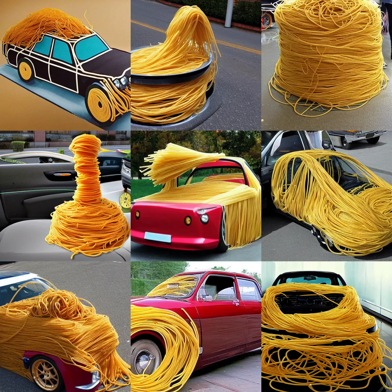 Prompt: a car made out of spaghetti