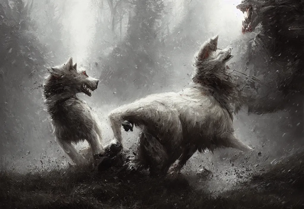 Prompt: a large white wolf fighting a knight, artstation, jakub rozalski, high detail, dramatic lighting, night, rain