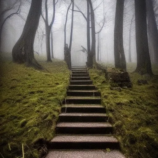 Image similar to creepy stairs in middle of forest, stairs leading to nowhere!, dark foggy misty colors!, dark forest from evil realm