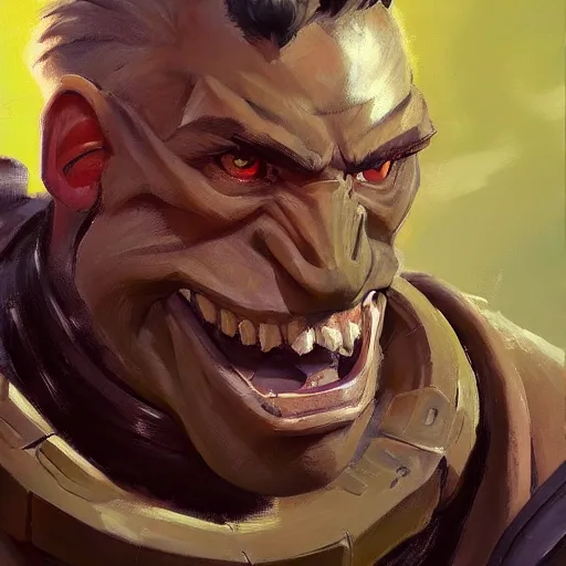 Prompt: greg manchess close - up portrait painting of a handsome male dieselpunk orc with olive green skin as an overwatch character, medium shot, asymmetrical, profile picture, organic painting, sunny day, matte painting, bold shapes, hard edges, street art, trending on artstation, by huang guangjian and gil elvgren and sachin teng