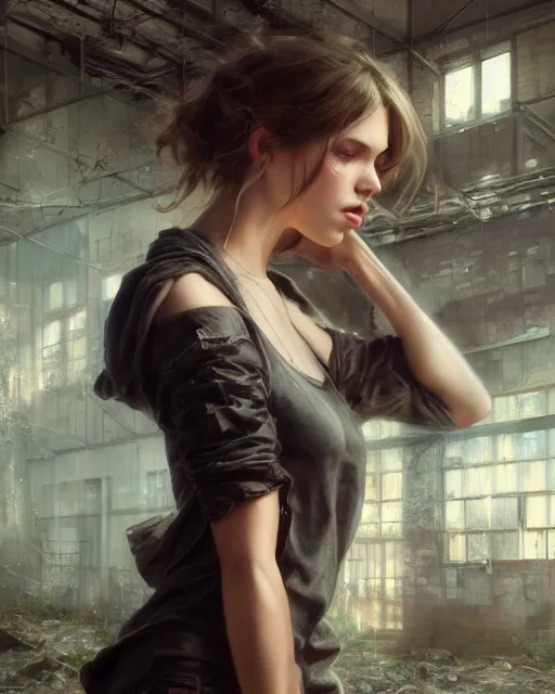 Image similar to daniel gerhartz and artgerm detailed portrait digital rococo painting of a beautiful woman wearing streetwear clothing, abandoned warehouse interior in the background, unreal engine, hyper realism, realistic shading, cinematic composition, realistic render, octane render, hdr, detailed textures, photorealistic, ultrawide shot, 3 5 mm film