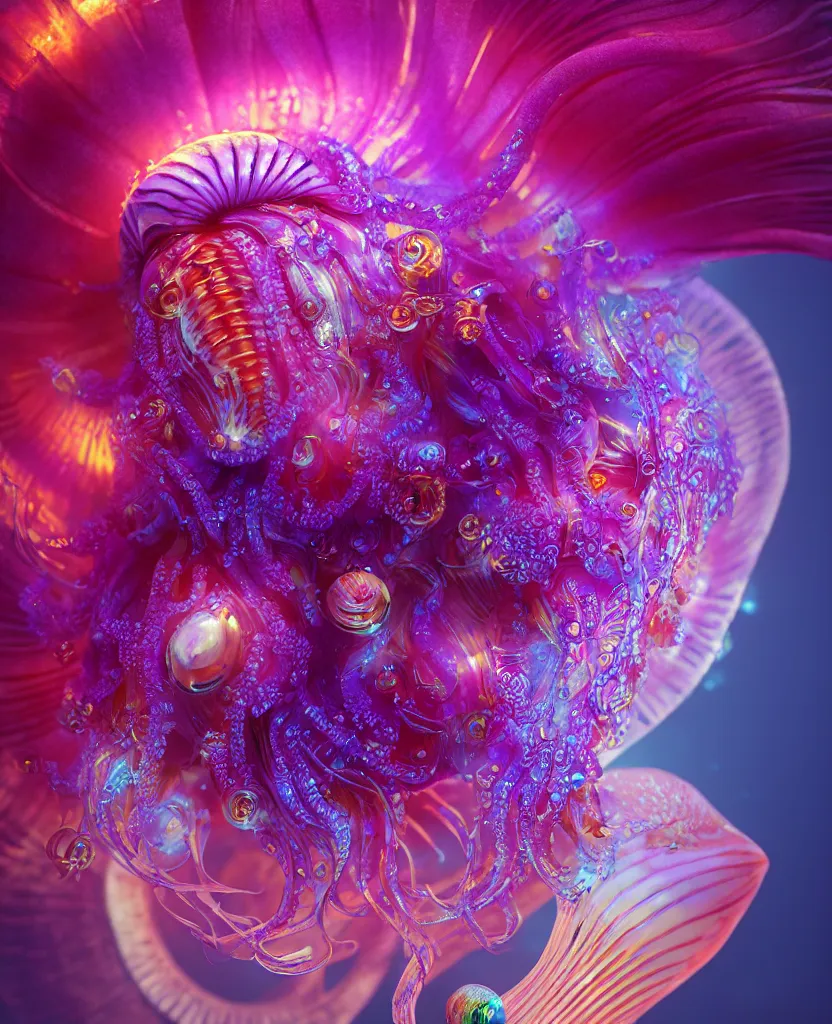 Prompt: goddess close-up portrait. dichroic orchid jellyfish phoenix head, nautilus, skull, betta fish, bioluminiscent creatures, intricate artwork by Tooth Wu and wlop and beeple. octane render, trending on artstation, greg rutkowski very coherent symmetrical artwork. cinematic, hyper realism, high detail, octane render, 8k