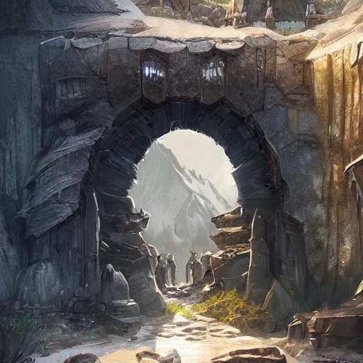 Prompt: beautiful digital painting of front gate of dwarf city of Erebor from Hobbit trending on Artstation, by Daniel Dociu and Greg Rutkowski, high quality, ultra detailed, ultra realistic, concept art, landscape, architecture, city gate