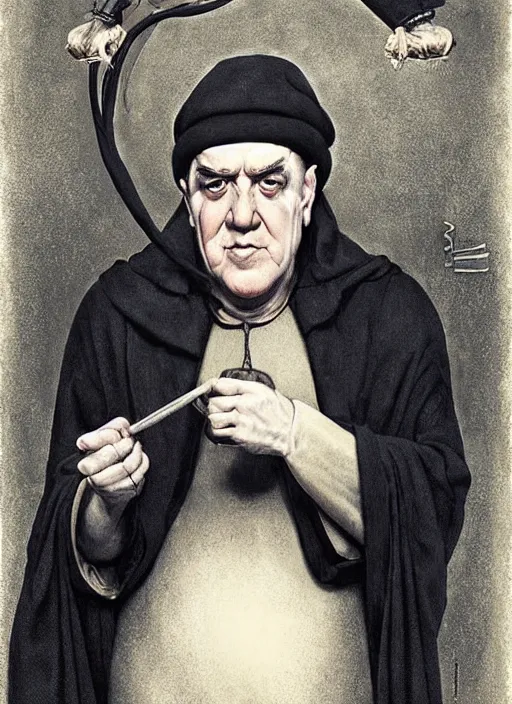 Image similar to moe howard as aleister crowley the grand mage of thelema. art by tom bagshaw and greg danton and manuel sanjulian