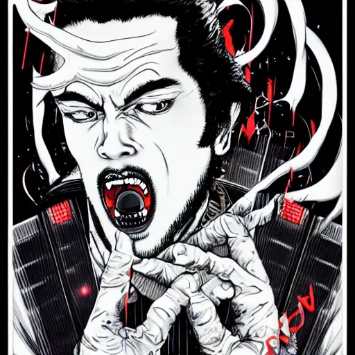 Prompt: portrait of crazy singing post malone with red eyes like hal 9 0 0 0, as vampire, symmetrical, by yoichi hatakenaka, masamune shirow, josan gonzales and dan mumford, ayami kojima, takato yamamoto, barclay shaw, karol bak, yukito kishiro