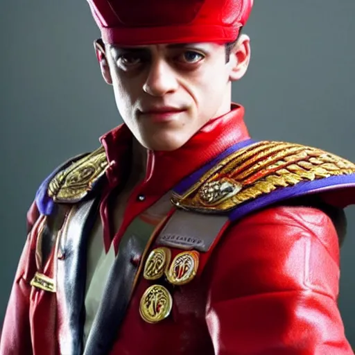 Prompt: stunning photograph of rami malek as m bison from street fighter highly detailed