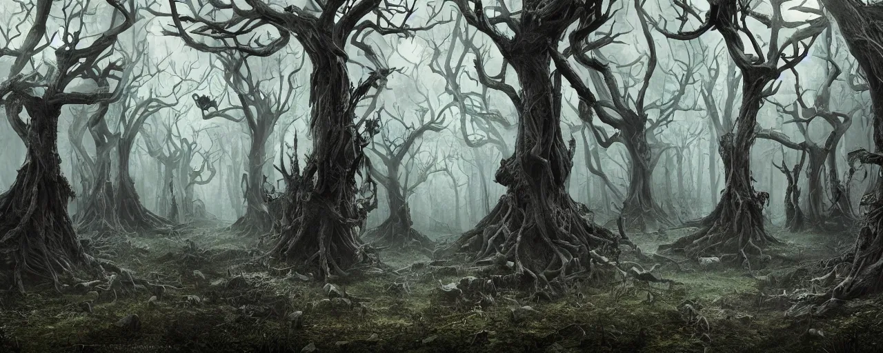 Prompt: a spooky forest made of knees knees, stunning intricate concept art by senior artist, fantasy art, matte painting, storybook illustration