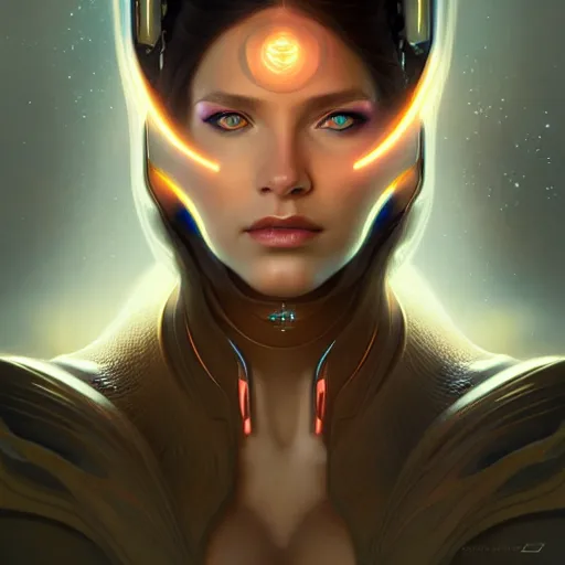 Image similar to futuristic woman portrait, sci-fi, amber eyes, face, long hair, fantasy, intricate, elegant, highly detailed, digital painting, artstation, concept art, smooth, sharp focus, illustration, art by artgerm and greg rutkowski and alphonse mucha