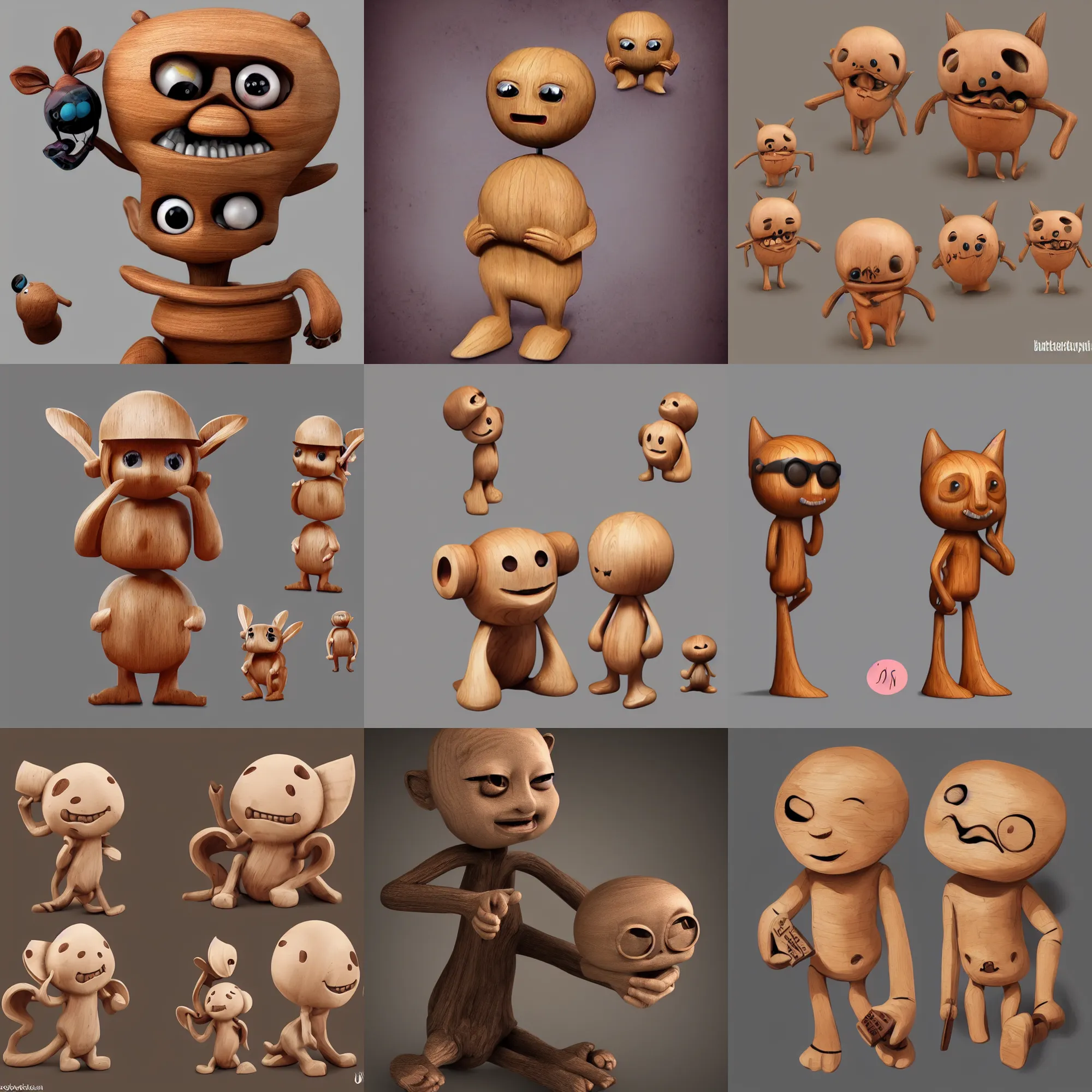 Prompt: cute funny figurine wooden, retrorobot, brtutalism, concept art, digital art