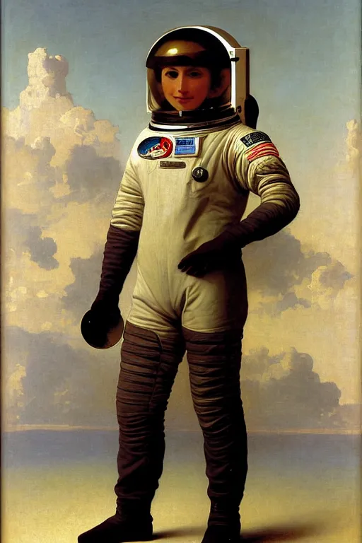 Prompt: a portrait of a male astronaut, wearing a spacesuit and helmet, dressed neatly, by bouguereau