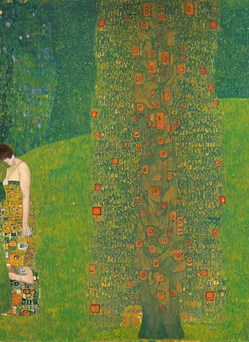 Image similar to a landscape painting of a cognitive optical illusion of trees, with four people in the foreground making extreme dynamic poses painted by gustav klimt