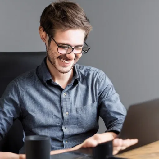 Image similar to a programmer finally fixed a bug in his code after trying for a long time, looking relieved and happy