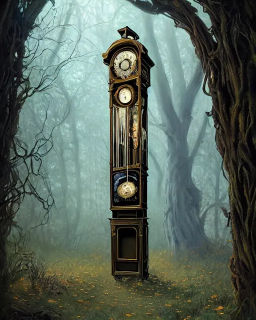 Image similar to highly detailed surreal vfx portrait of a cursed grandfather clock in a shadowy forest by a willow tree, stephen bliss, unreal engine, greg rutkowski, loish, rhads, beeple, makoto shinkai and lois van baarle, ilya kuvshinov, rossdraws, tom bagshaw, alphonse mucha, global illumination, detailed and intricate environment