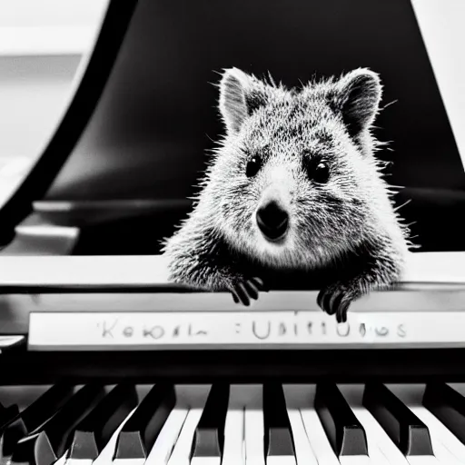 Image similar to a quokka playing on a grand piano, wearing a tuxedo, black and white soft light photograph